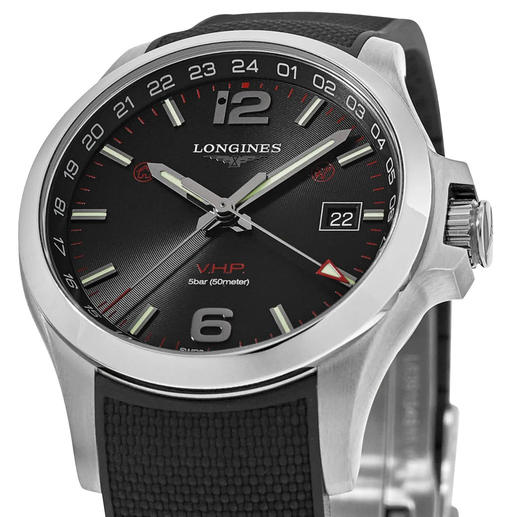 Longines Conquest V.H.P. GMT Stainless Steel Black Dial Black Rubber Strap Perpetual Calendar Date Quartz Mens Watch L3.728.4.56.9 wholesalehk.shop