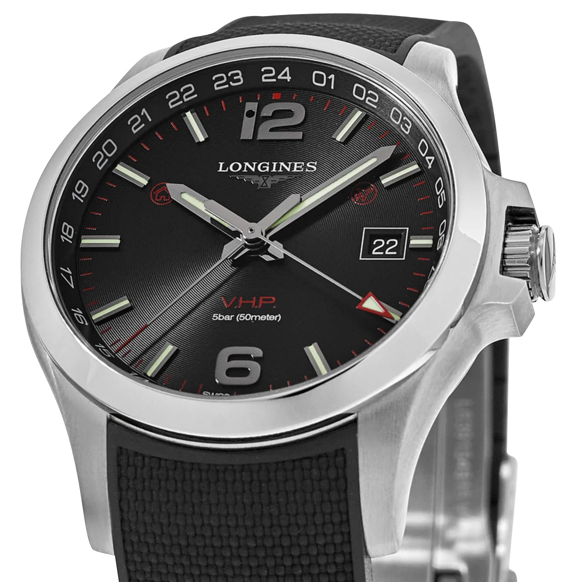 Longines Conquest V.H.P. GMT Stainless Steel Black Dial Black Rubber Strap Perpetual Calendar Date Quartz Mens Watch L3.728.4.56.9 wholesalehk.shop