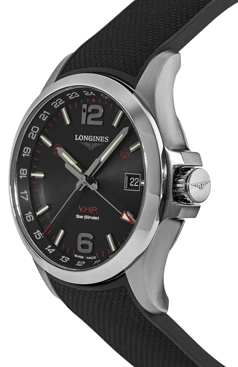 Longines Conquest V.H.P. GMT Stainless Steel Black Dial Black Rubber Strap Perpetual Calendar Date Quartz Mens Watch L3.728.4.56.9 wholesalehk.shop