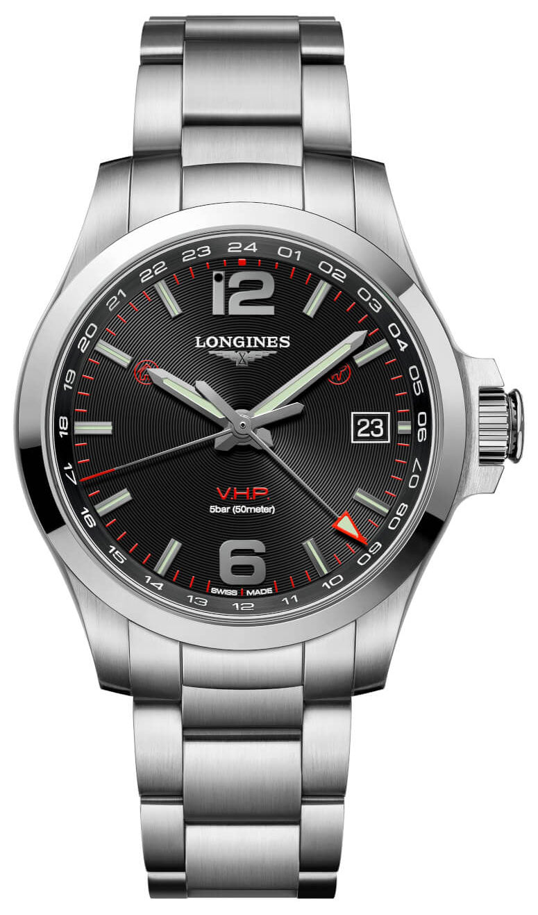 Longines Conquest V.H.P. GMT Stainless Steel Black Dial Perpetual Calendar Date Quartz Mens Watch L3.718.4.56.6 wholesalehk.shop