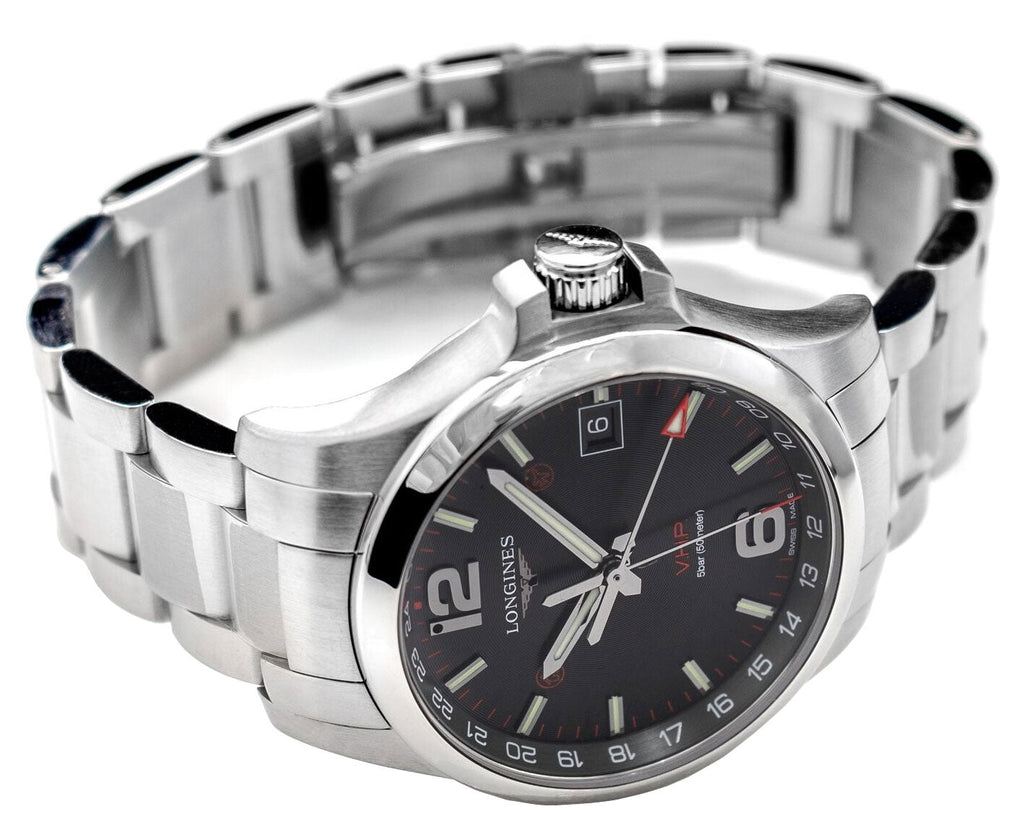 Longines Conquest V.H.P. GMT Stainless Steel Black Dial Perpetual Calendar Date Quartz Mens Watch L3.718.4.56.6 wholesalehk.shop