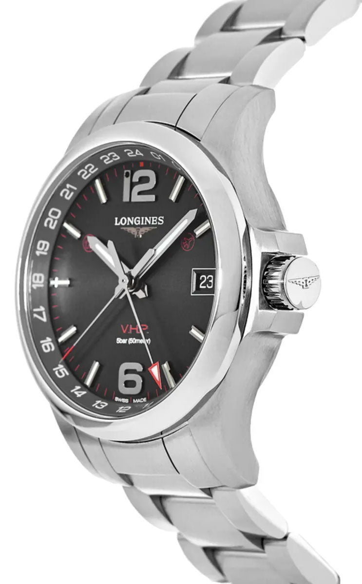 Longines Conquest V.H.P. GMT Stainless Steel Black Dial Perpetual Calendar Date Quartz Mens Watch L3.718.4.56.6 wholesalehk.shop