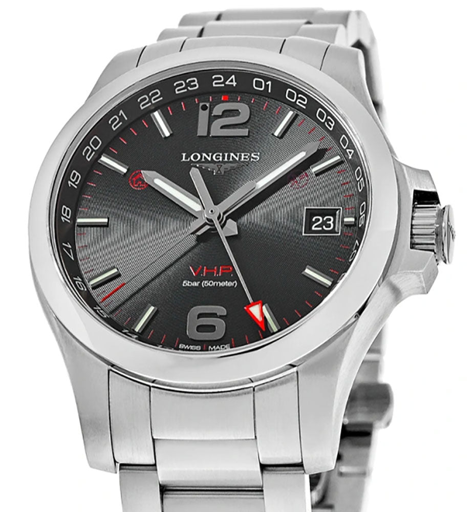 Longines Conquest V.H.P. GMT Stainless Steel Black Dial Perpetual Calendar Date Quartz Mens Watch L3.718.4.56.6 wholesalehk.shop