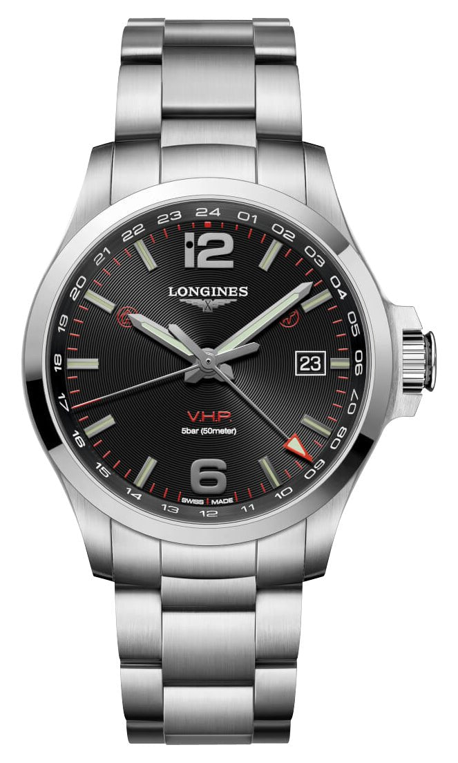 Longines Conquest V.H.P. GMT Stainless Steel Black Dial Perpetual Calendar Date Quartz Mens Watch L3.728.4.56.6 wholesalehk.shop