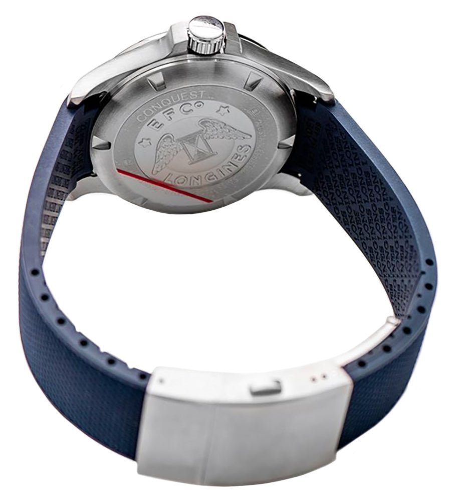 Longines Conquest V.H.P. GMT Stainless Steel Blue Dial Blue Rubber Strap Perpetual Calendar Date Quartz Mens Watch L3.728.4.96.9 wholesalehk.shop
