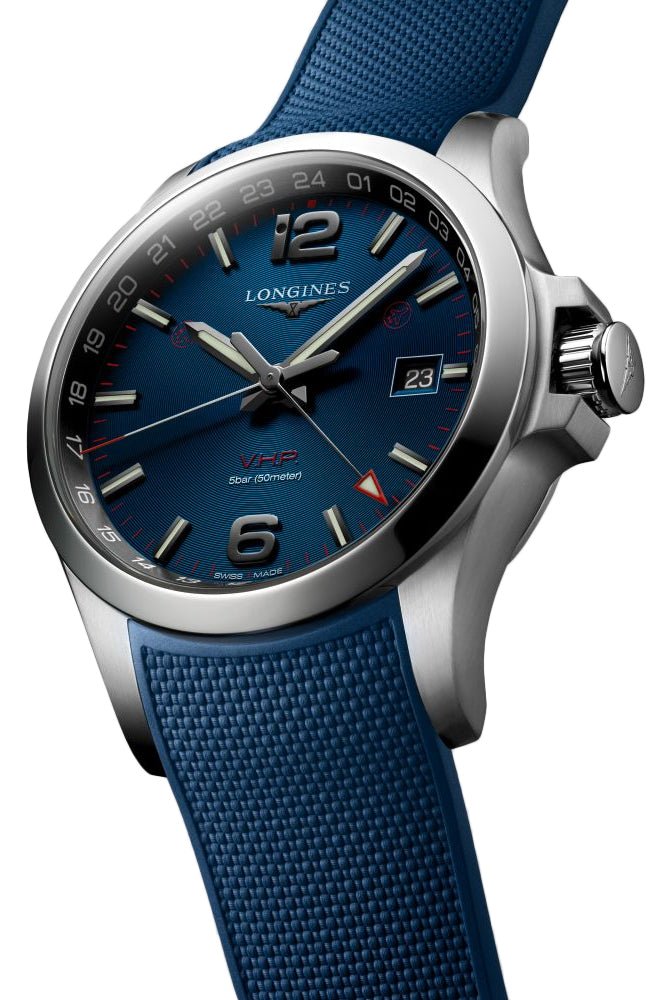 Longines Conquest V.H.P. GMT Stainless Steel Blue Dial Blue Rubber Strap Perpetual Calendar Date Quartz Mens Watch L3.728.4.96.9 wholesalehk.shop