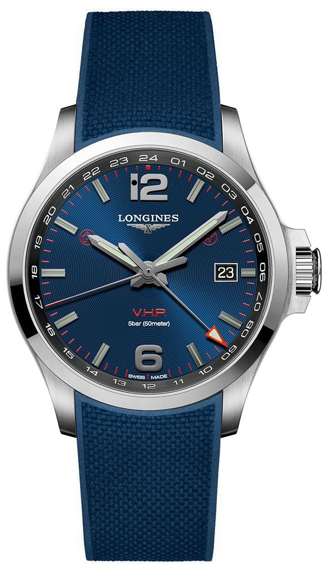 Longines Conquest V.H.P. GMT Stainless Steel Blue Dial Blue Rubber Strap Perpetual Calendar Date Quartz Mens Watch L3.728.4.96.9 wholesalehk.shop