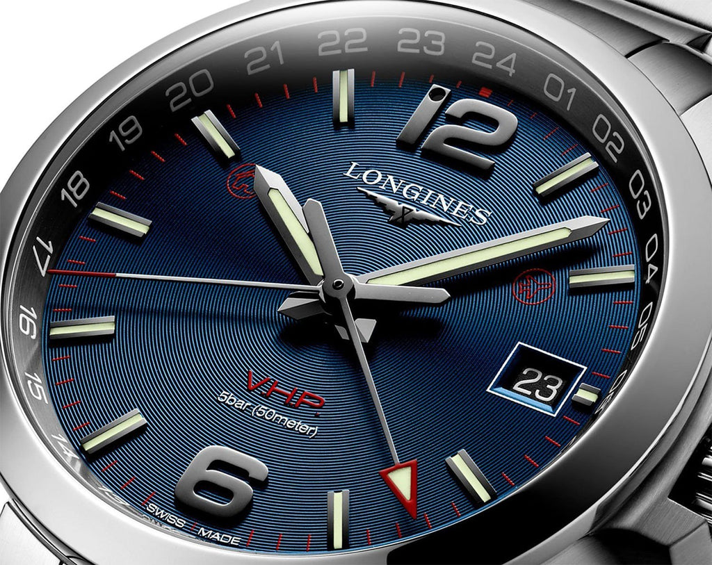 Longines Conquest V.H.P. GMT Stainless Steel Blue Dial Perpetual Calendar Date Quartz Mens Watch L3.728.4.96.6 wholesalehk.shop