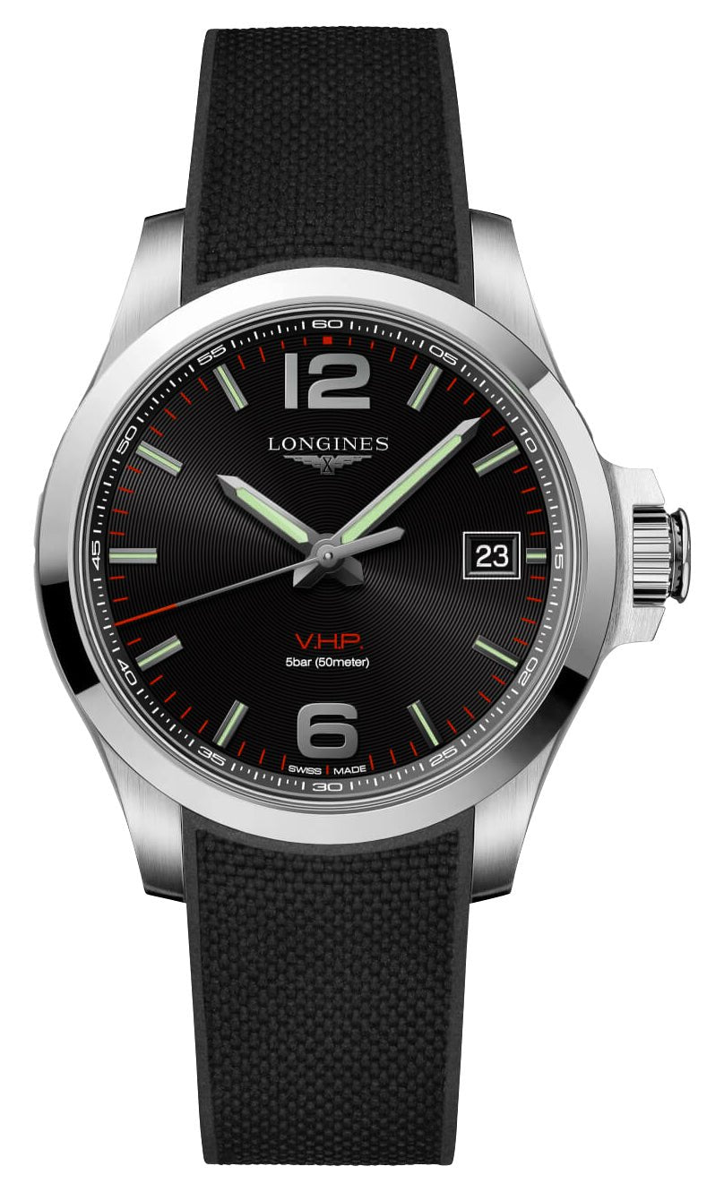 Longines Conquest V.H.P. Stainless Steel Black Dial Black Rubber Strap Perpetual Calendar Date Quartz Mens Watch L3.716.4.56.9 wholesalehk.shop