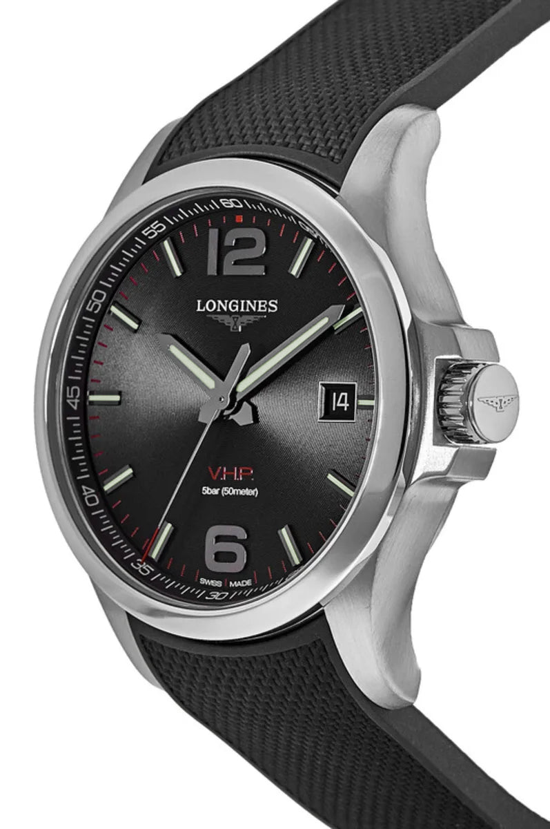 Longines Conquest V.H.P. Stainless Steel Black Dial Black Rubber Strap Perpetual Calendar Date Quartz Mens Watch L3.726.4.56.9 wholesalehk.shop