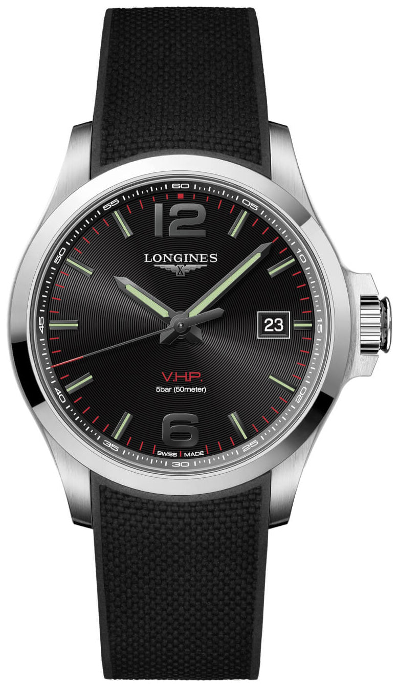 Longines Conquest V.H.P. Stainless Steel Black Dial Black Rubber Strap Perpetual Calendar Date Quartz Mens Watch L3.726.4.56.9 wholesalehk.shop