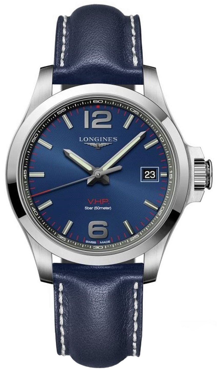 Longines Conquest V.H.P. Stainless Steel Blue Dial Blue Leather Strap Date Quartz Mens Watch L3.726.4.96.7 wholesalehk.shop