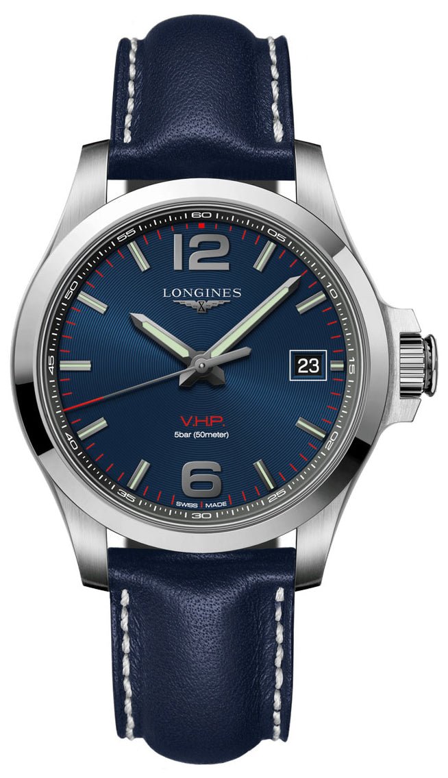 Longines Conquest V.H.P. Stainless Steel Blue Dial Blue Leather Strap Perpetual Calendar Date Quartz Mens Watch L3.716.4.96.0 wholesalehk.shop
