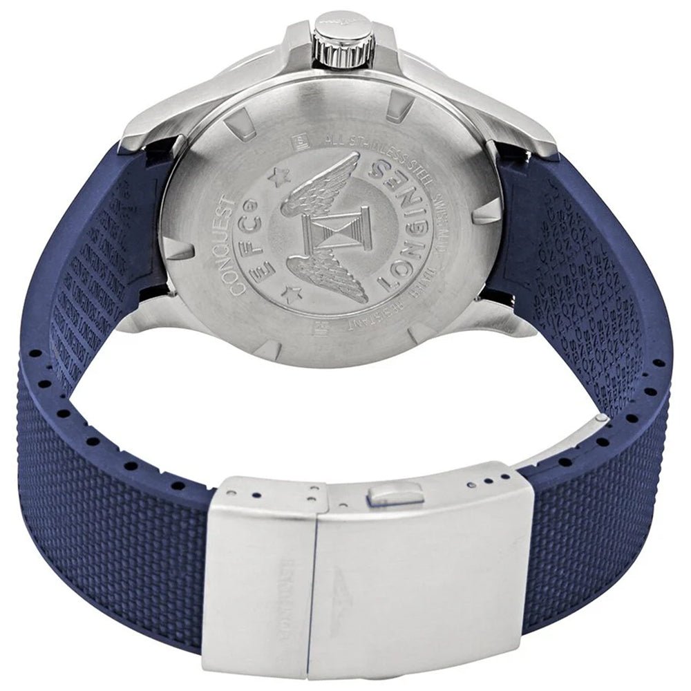 Longines Conquest V.H.P. Stainless Steel Blue Dial Blue Rubber Strap Perpetual Calendar Date Quartz Mens Watch L3.726.4.96.9 wholesalehk.shop