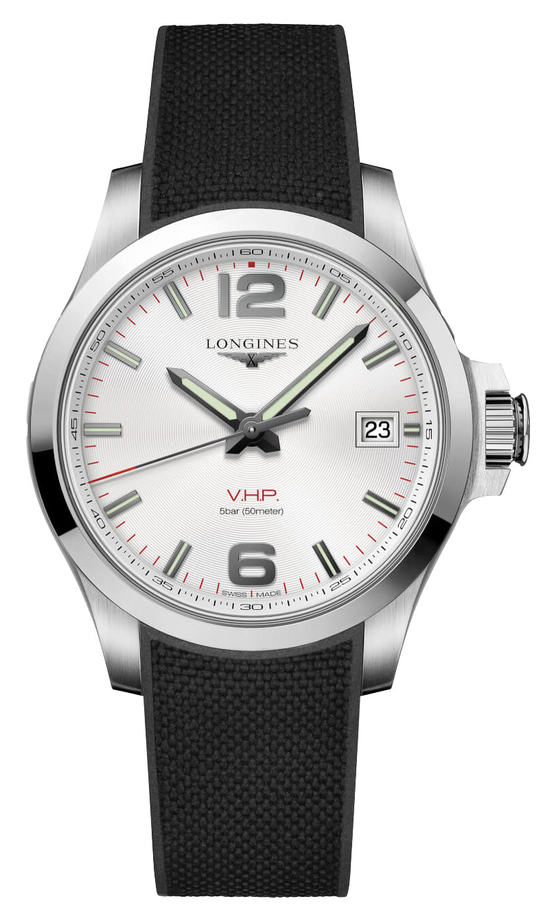 Longines Conquest V.H.P. Stainless Steel Silver Dial Black Rubber Strap Perpetual Calendar Date Quartz Mens Watch L3.716.4.76.9 wholesalehk.shop