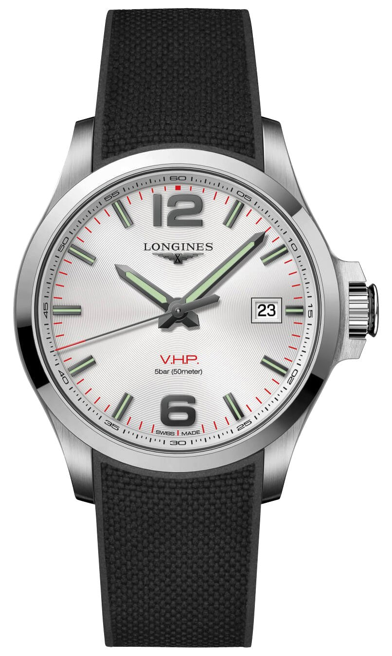 Longines Conquest V.H.P. Stainless Steel Silver Dial Black Rubber Strap Perpetual Calendar Date Quartz Mens Watch L3.726.4.76.9 wholesalehk.shop