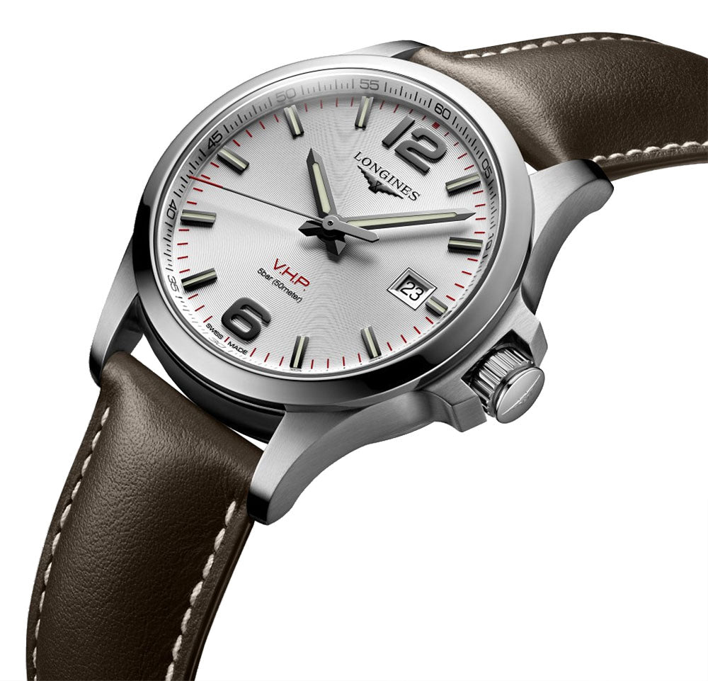 Longines Conquest V.H.P. Stainless Steel Silver Dial Brown Leather Strap Date Quartz Mens Watch L3.726.4.76.4 wholesalehk.shop