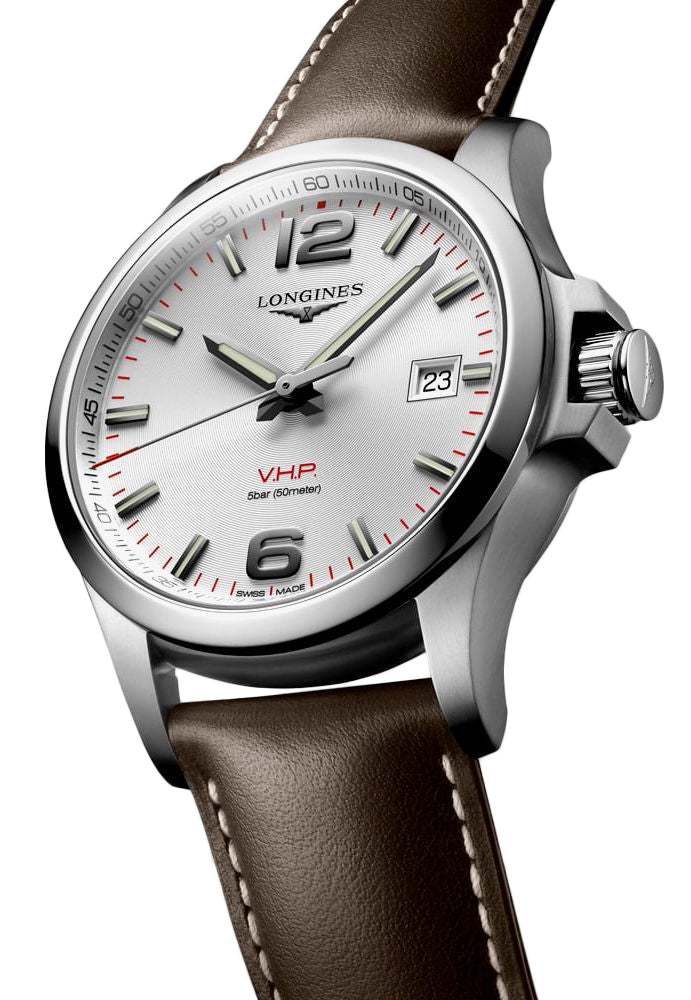 Longines Conquest V.H.P. Stainless Steel Silver Dial Brown Leather Strap Perpetual Calendar Date Quartz Mens Watch L3.716.4.76.5 wholesalehk.shop