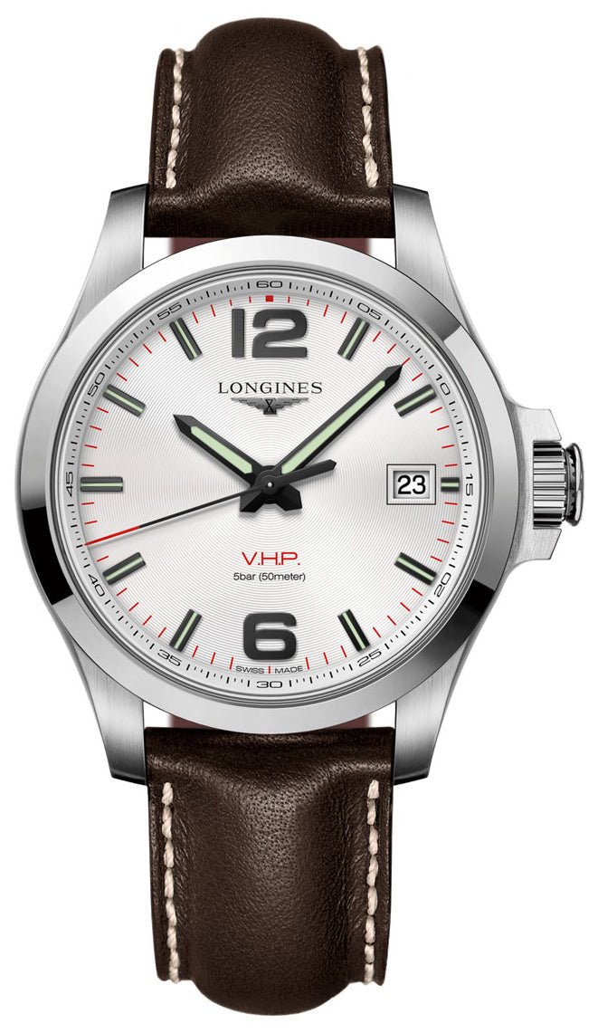 Longines Conquest V.H.P. Stainless Steel Silver Dial Brown Leather Strap Perpetual Calendar Date Quartz Mens Watch L3.716.4.76.5 wholesalehk.shop