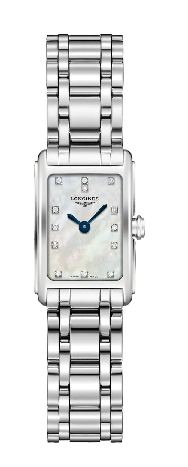 Longines DolceVita Stainless Steel Mother-Of-Pearl Dial Diamonds Rectangle Quartz Womens Watch L5.258.4.87.6 wholesalehk.shop
