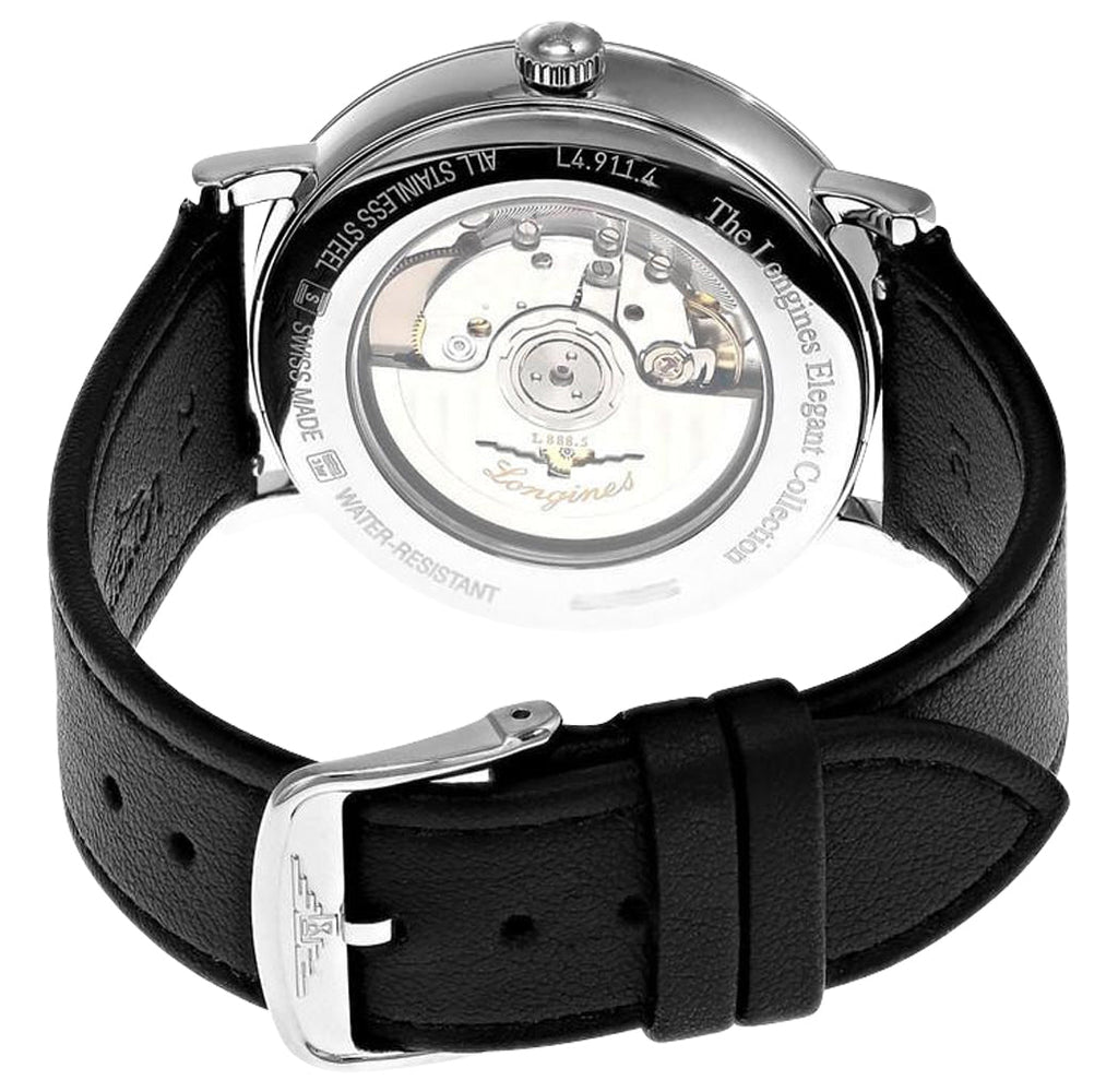 Longines Elegant Automatic Stainless Steel Dark Gray Dial Black Leather Strap Date Mens Watch L4.911.4.71.2 wholesalehk.shop
