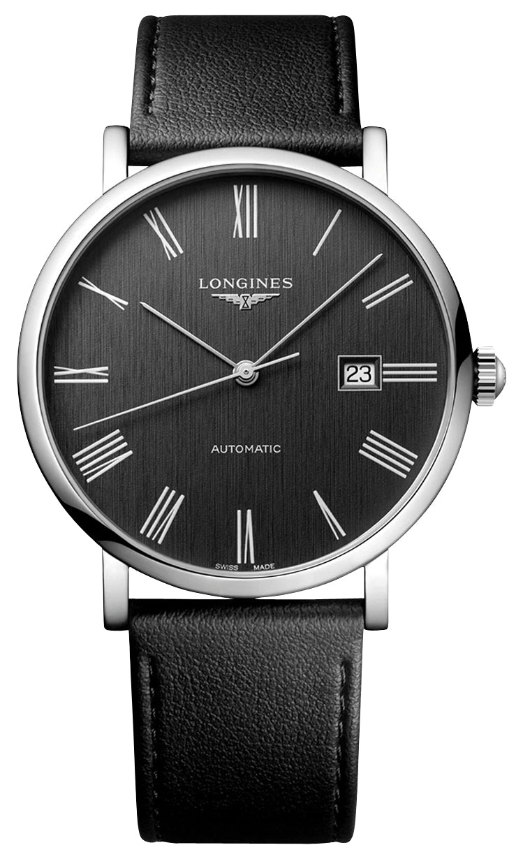 Longines Elegant Automatic Stainless Steel Dark Gray Dial Black Leather Strap Date Mens Watch L4.911.4.71.2 wholesalehk.shop