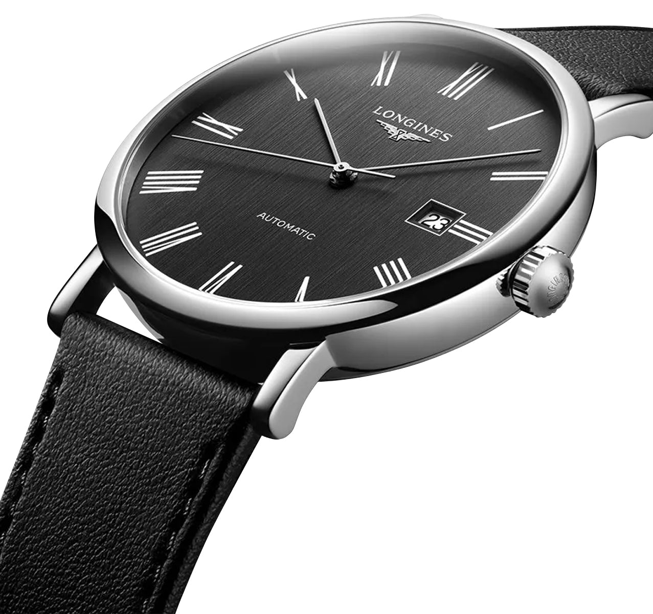 Longines Elegant Automatic Stainless Steel Dark Gray Dial Black Leather Strap Date Mens Watch L4.911.4.71.2 wholesalehk.shop