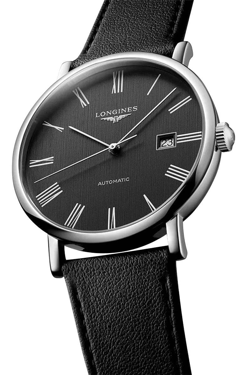 Longines Elegant Automatic Stainless Steel Dark Gray Dial Black Leather Strap Date Mens Watch L4.911.4.71.2 wholesalehk.shop