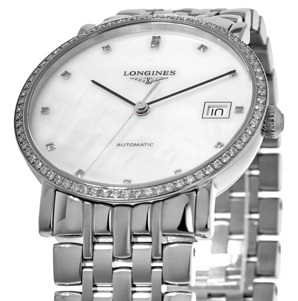 Longines Elegant Automatic Stainless Steel Mother-Of-Pearl Dial Diamonds Date Womens Watch L4.809.0.87.6 wholesalehk.shop