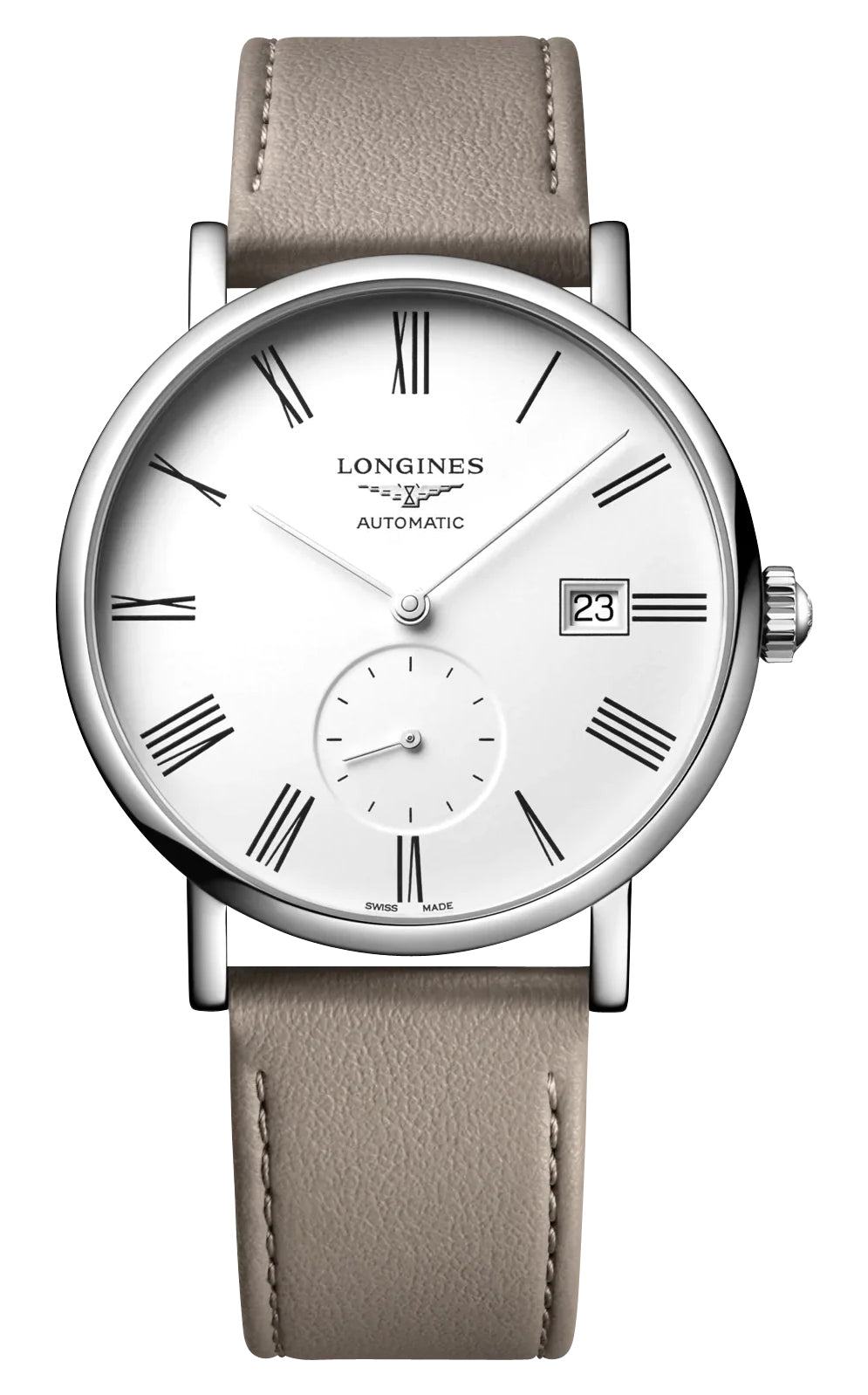 Longines Elegant Automatic Stainless Steel White Dial Beige Leather Strap Date Unisex Watch L4.812.4.11.2 wholesalehk.shop