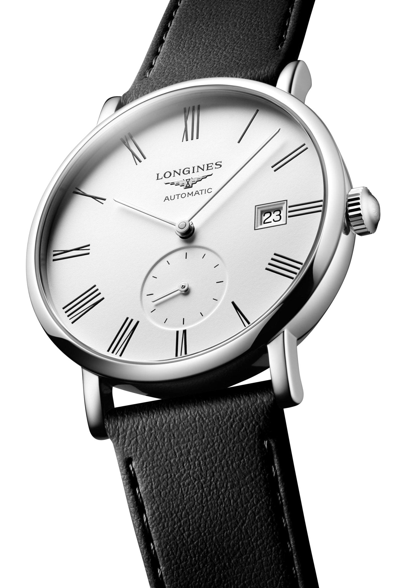 Longines Elegant Automatic Stainless Steel White Dial Black Leather Strap Date Unisex Watch L4.812.4.11.0 wholesalehk.shop