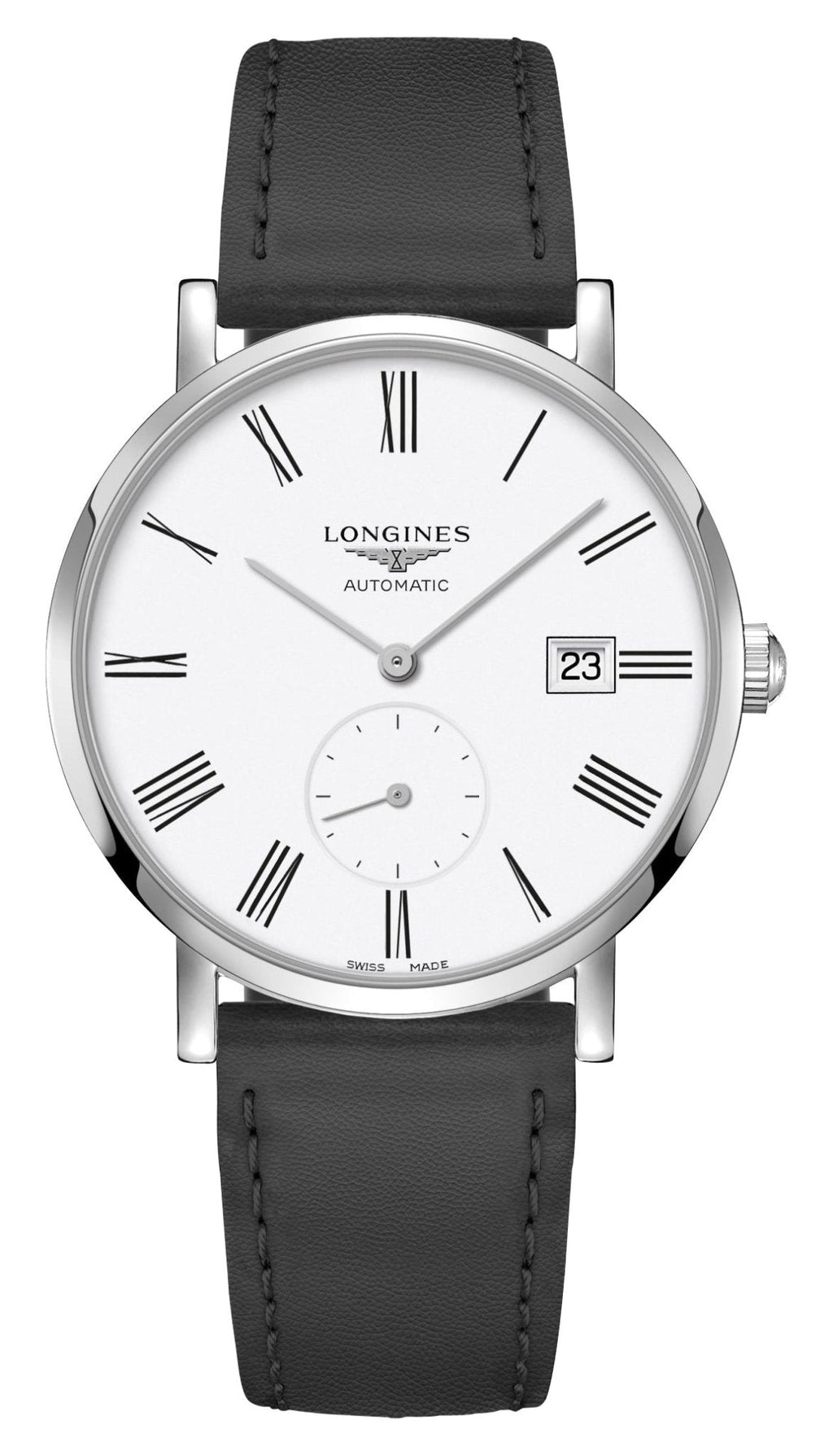 Longines Elegant Automatic Stainless Steel White Dial Black Leather Strap Date Unisex Watch L4.812.4.11.0 wholesalehk.shop