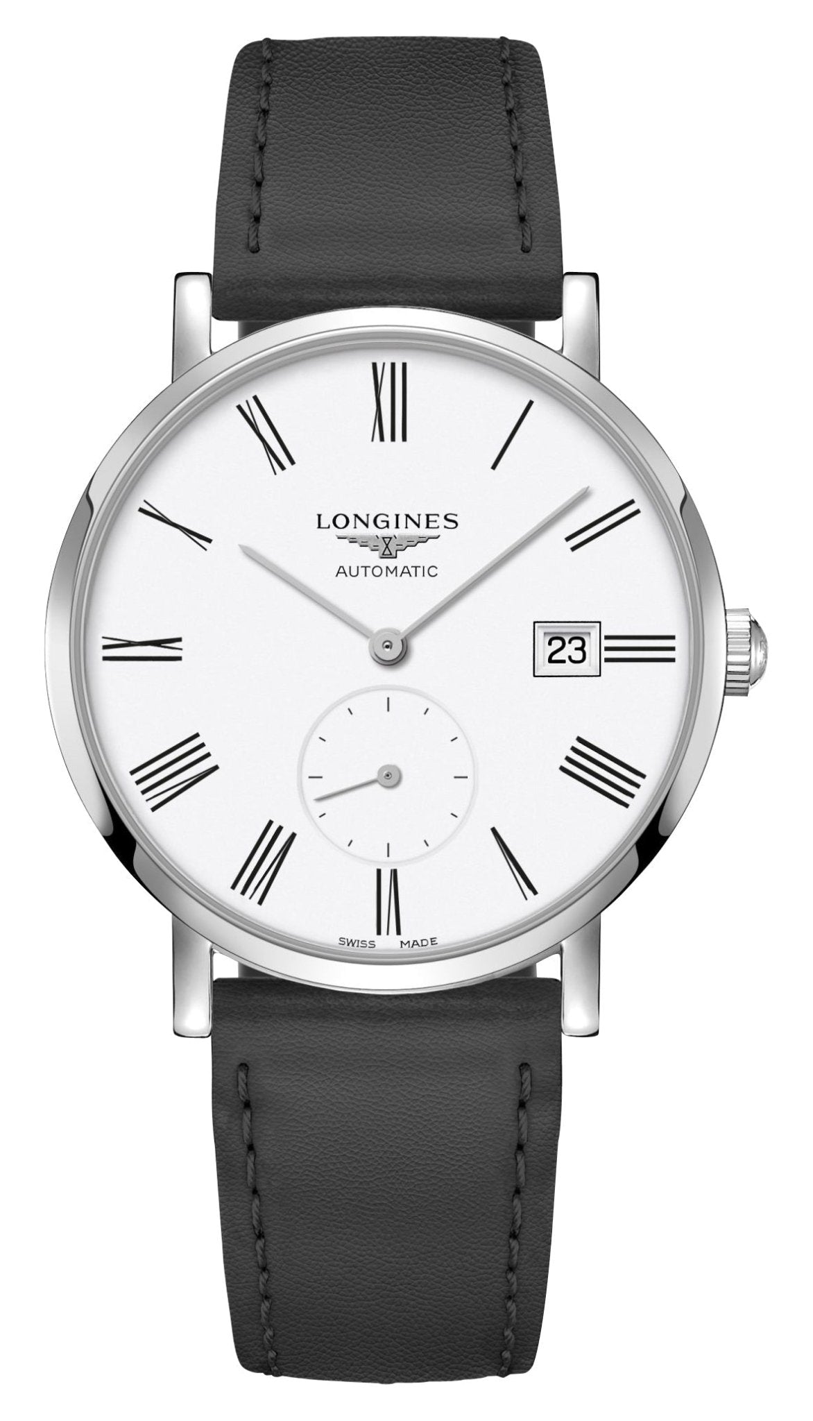 Longines Elegant Automatic Stainless Steel White Dial Black Leather Strap Date Unisex Watch L4.812.4.11.0 wholesalehk.shop