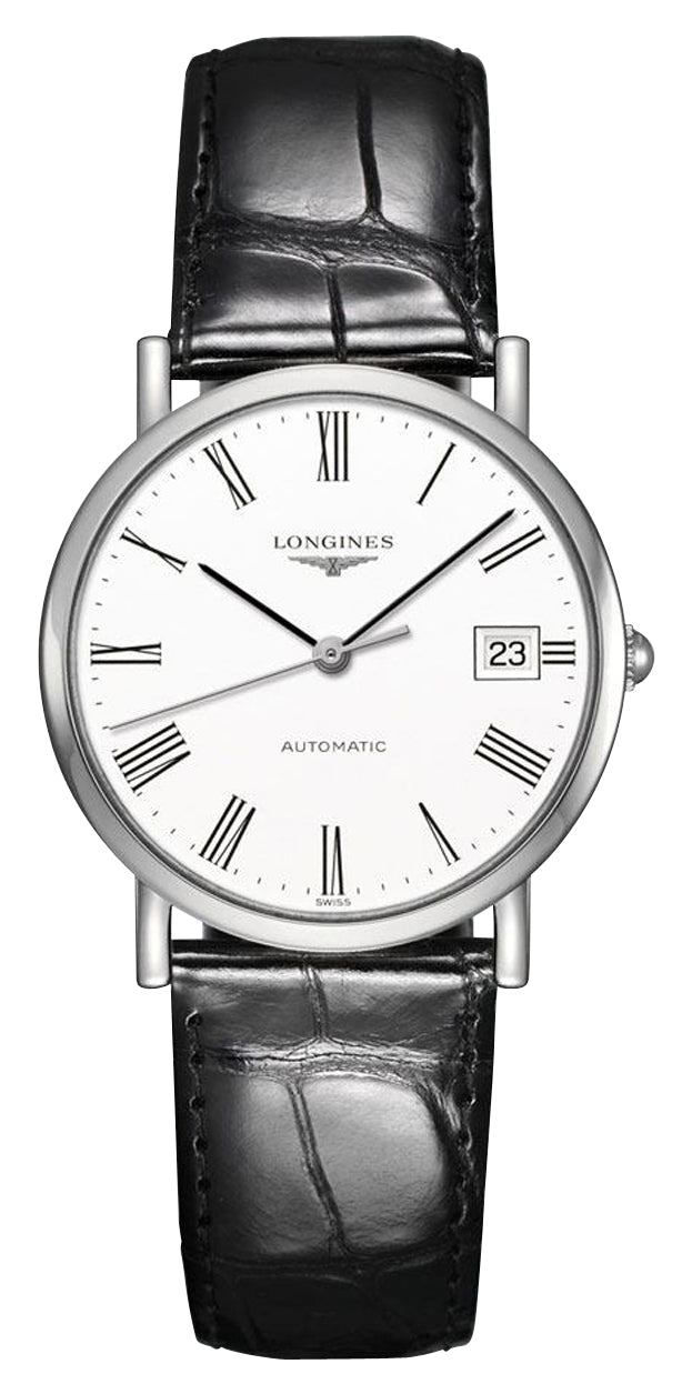 Longines Elegant Automatic Stainless Steel White Dial Black Leather Strap Date Womens Watch L4.809.4.11.2 wholesalehk.shop