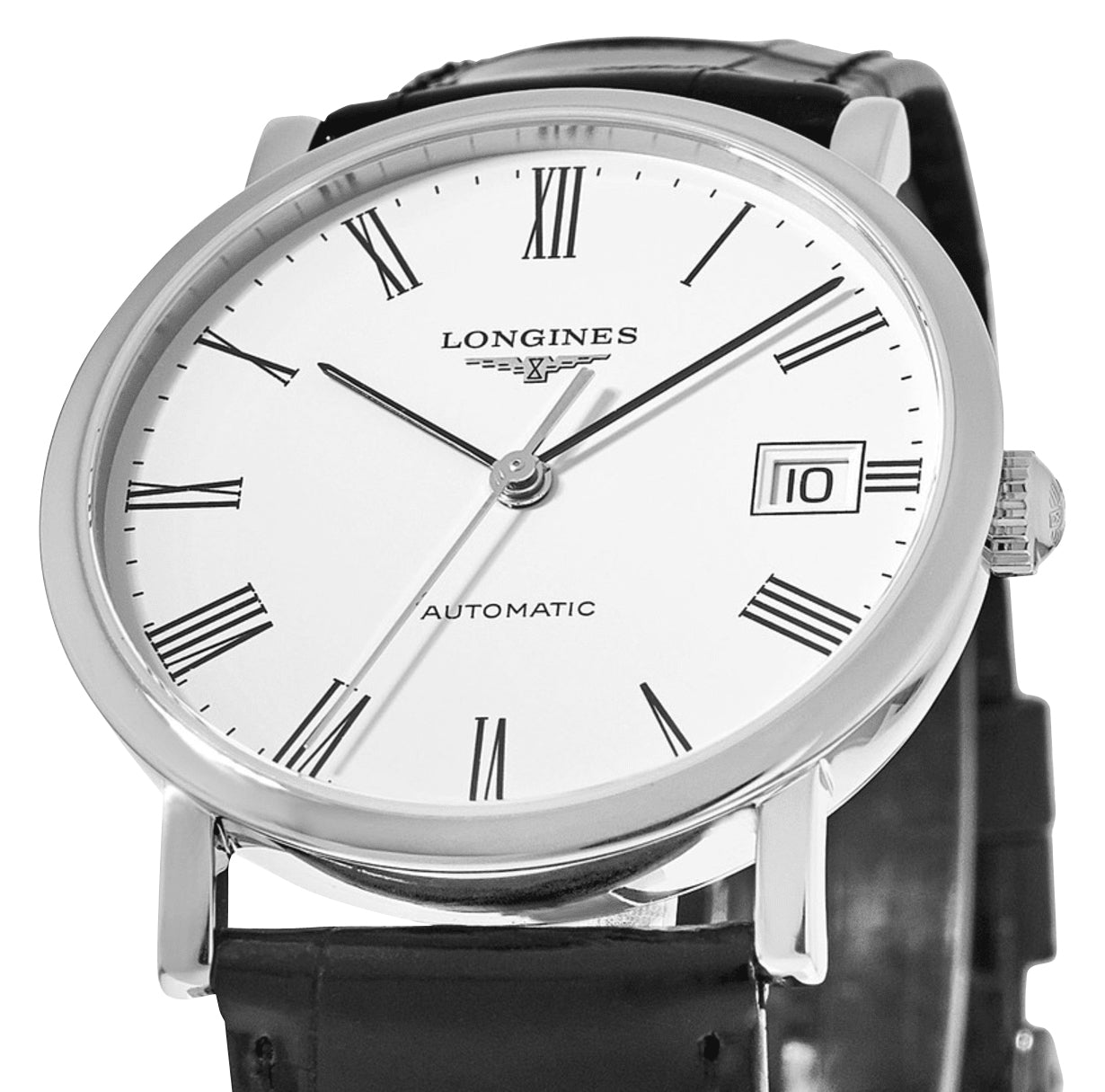 Longines Elegant Automatic Stainless Steel White Dial Black Leather Strap Date Womens Watch L4.809.4.11.2 wholesalehk.shop