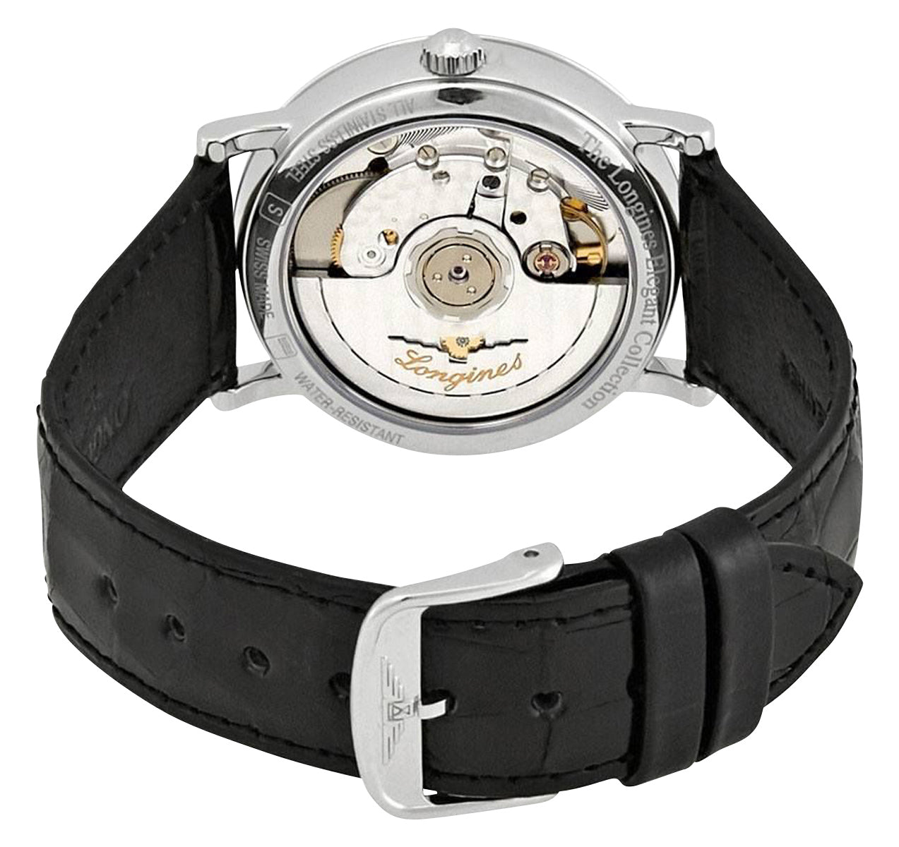 Longines Elegant Automatic Stainless Steel White Dial Black Leather Strap Date Womens Watch L4.809.4.11.2 wholesalehk.shop