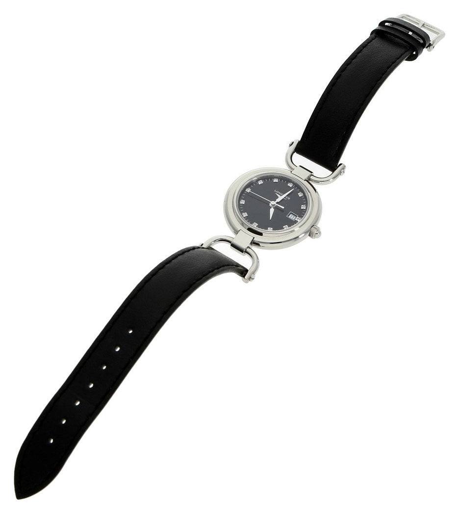 Longines Equestrian Stainless Steel Black Dial Black Leather Strap Diamonds Date Quartz Womens Watch L6.131.4.57.0 wholesalehk.shop