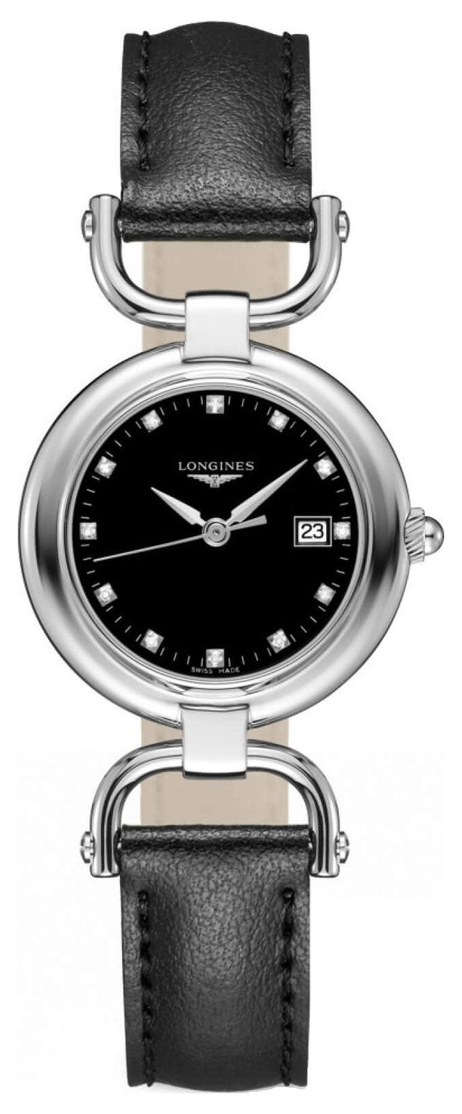 Longines Equestrian Stainless Steel Black Dial Black Leather Strap Diamonds Date Quartz Womens Watch L6.131.4.57.0 wholesalehk.shop
