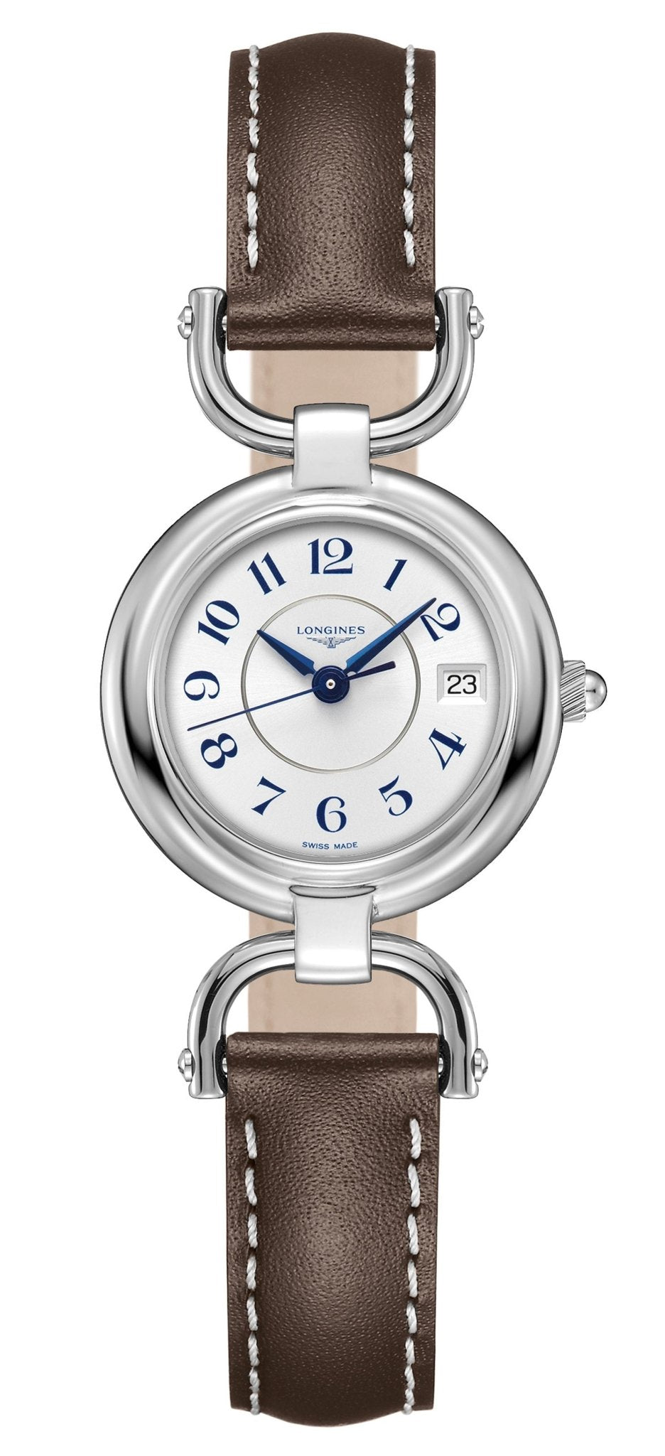 Longines Equestrian Stainless Steel Brown Leather Strap Silver-Tone Dial Date Quartz Womens Watch L6.130.4.73.2 wholesalehk.shop