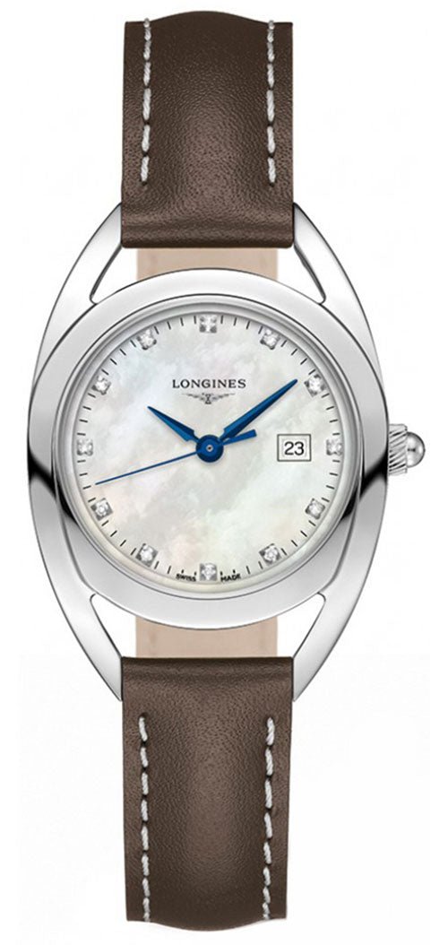 Longines Equestrian Stainless Steel Mother-Of-Pearl Dial Brown Leather Strap Diamonds Date Quartz Womens Watch L6.137.4.87.2 wholesalehk.shop