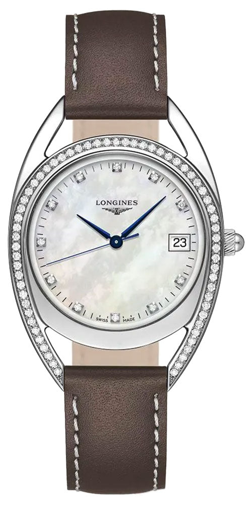 Longines Equestrian Stainless Steel Mother-Of-Pearl Dial Brown Leather Strap Diamonds Date Quartz Womens Watch L6.138.0.87.2 wholesalehk.shop
