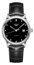 Longines Flagship Automatic Stainless Steel Black Dial Black Leather Strap Diamonds Date Mens Watch L4.984.4.57.2 wholesalehk.shop