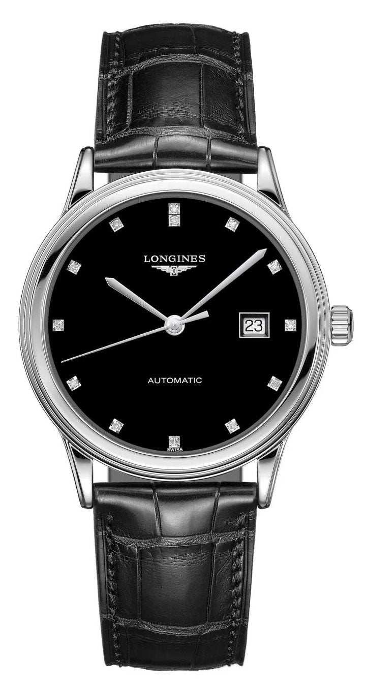 Longines Flagship Automatic Stainless Steel Black Dial Black Leather Strap Diamonds Date Mens Watch L4.984.4.57.2 wholesalehk.shop