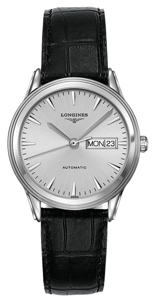 Longines Flagship Automatic Stainless Steel Silver Dial Black Leather Strap Day/Date Mens Watch L4.899.4.72.2 wholesalehk.shop
