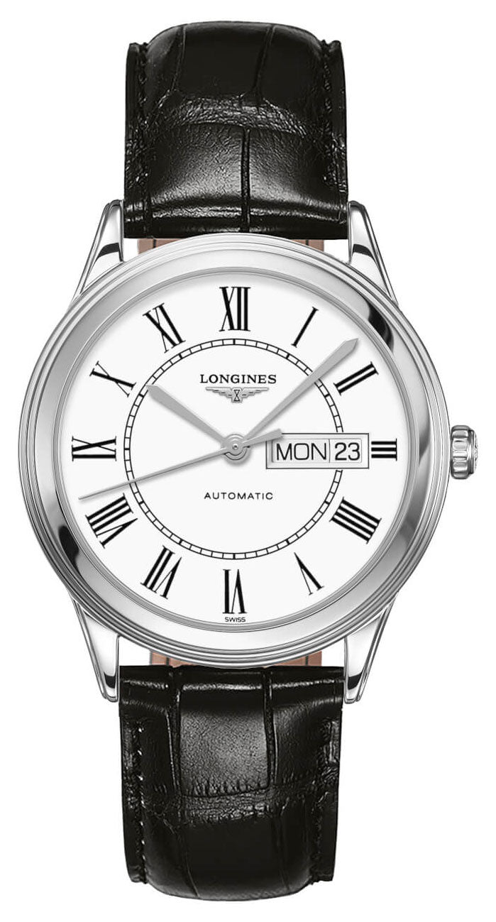 Longines Flagship Automatic Stainless Steel White Dial Black Leather Strap Day/Date Mens Watch L4.899.4.21.2 wholesalehk.shop