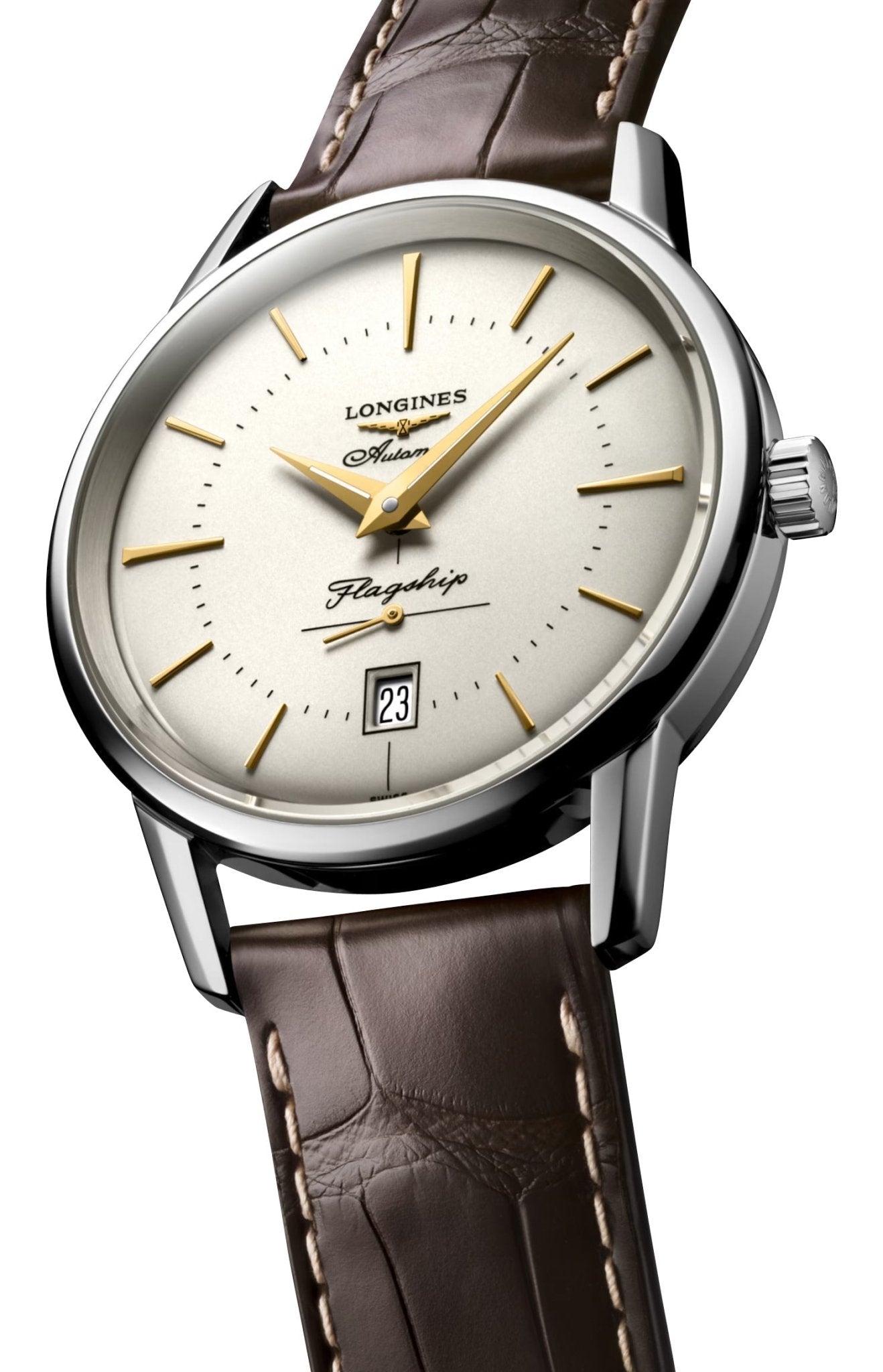 Longines Flagship Heritage Automatic Stainless Steel Ivory Dial Brown Leather Strap Date Mens Watch L4.795.4.78.2 wholesalehk.shop