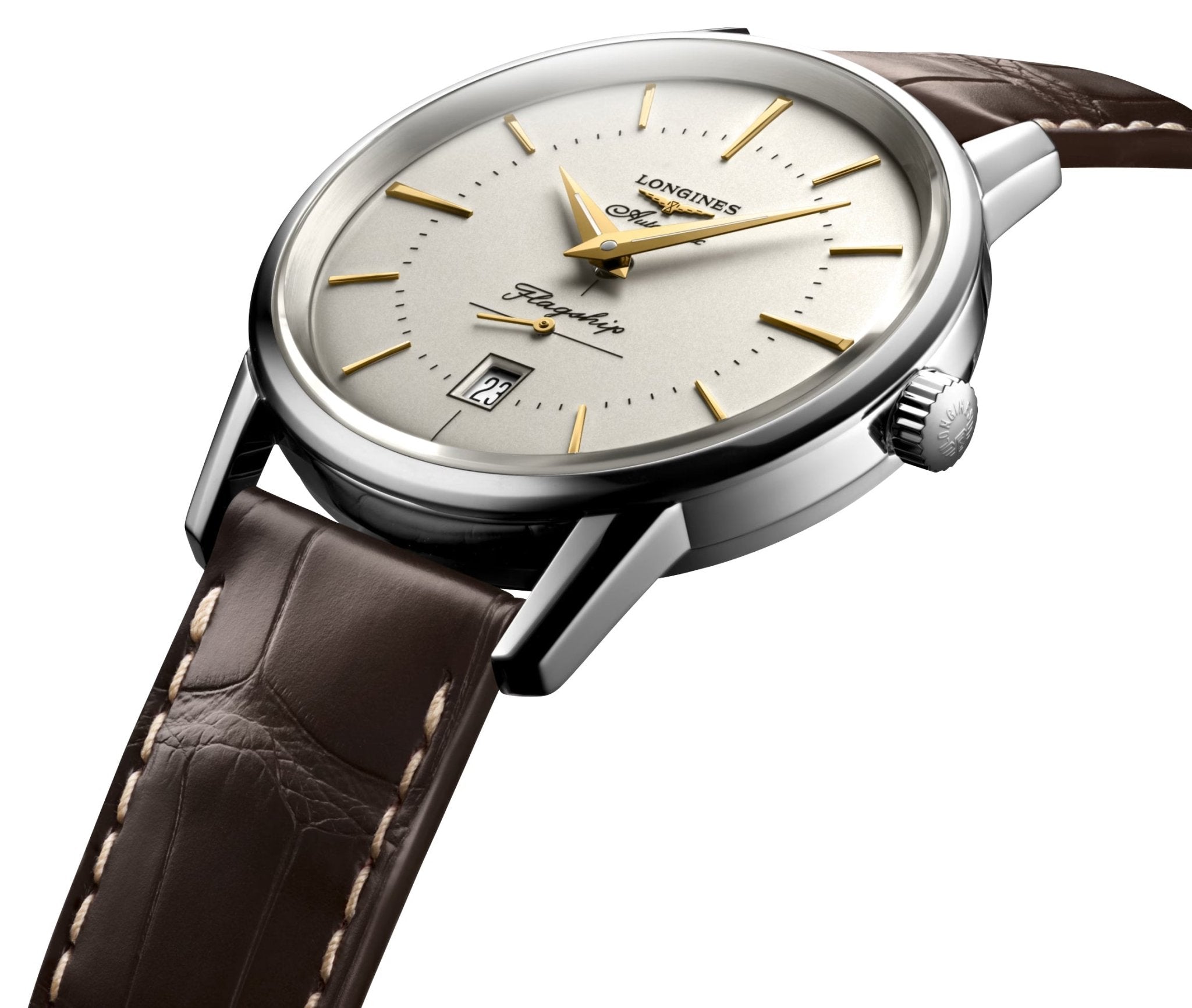 Longines Flagship Heritage Automatic Stainless Steel Ivory Dial Brown Leather Strap Date Mens Watch L4.795.4.78.2 wholesalehk.shop