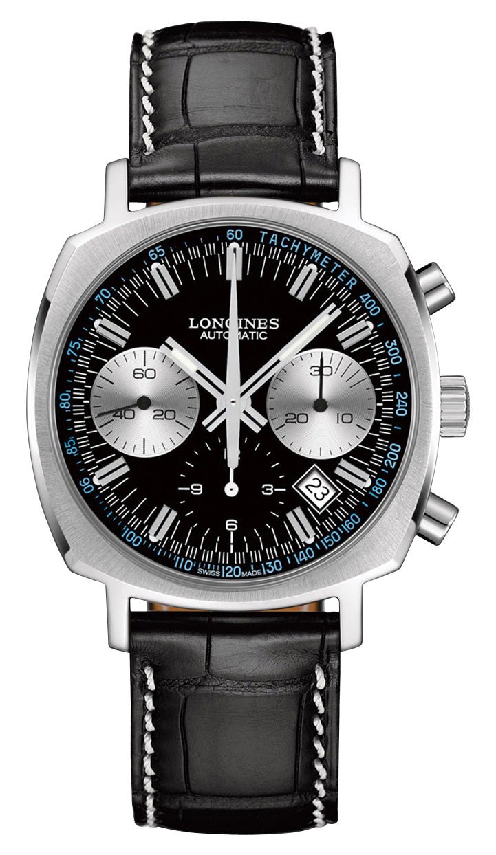 Longines Heritage 1973 Automatic Chronograph Stainless Steel Black Dial Black Leather Strap Date Mens Watch L2.791.4.52.0 wholesalehk.shop