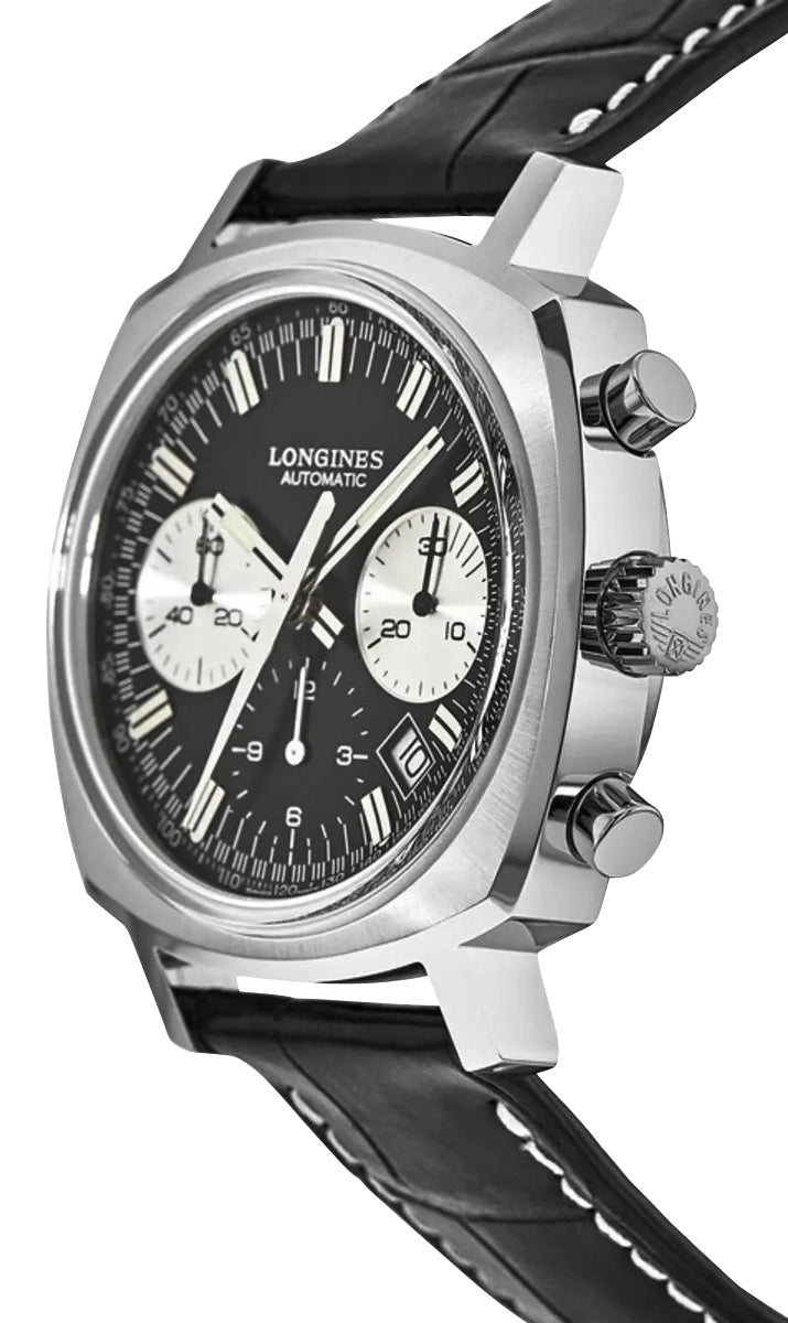 Longines Heritage 1973 Automatic Chronograph Stainless Steel Black Dial Black Leather Strap Date Mens Watch L2.791.4.52.0 wholesalehk.shop