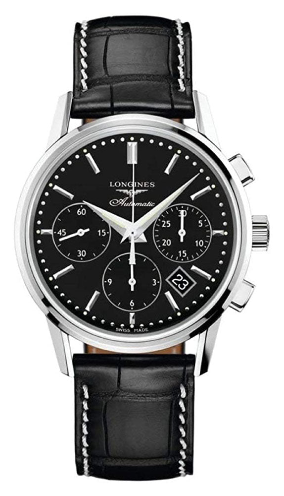 Longines Heritage Automatic Chronograph Stainless Steel Black Dial Black Leather Strap Date Mens Watch L2.749.4.52.0 wholesalehk.shop